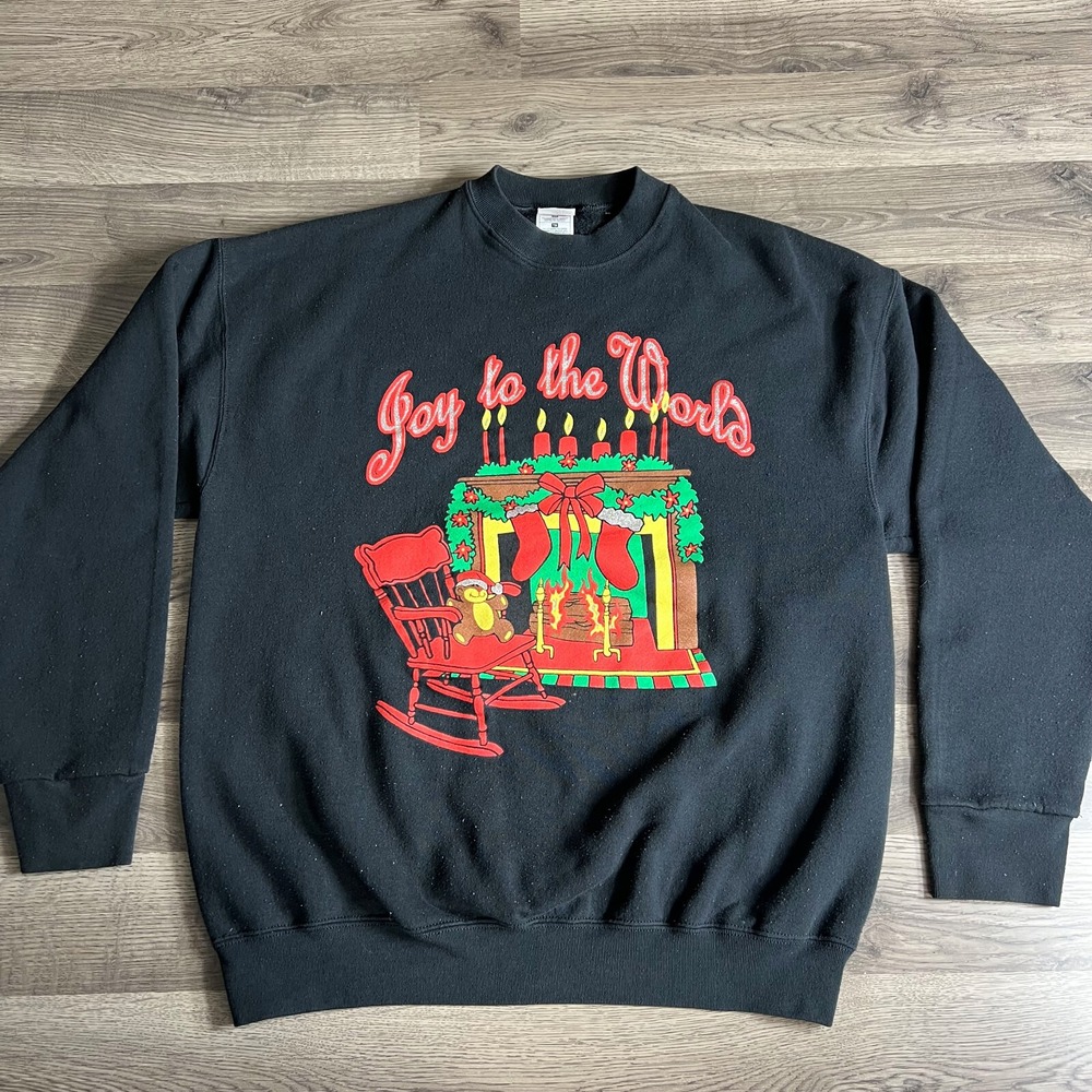 VTG Christmas Sweatshirt Mens XL Joy to the World Stocking Fireplace Holiday 90s